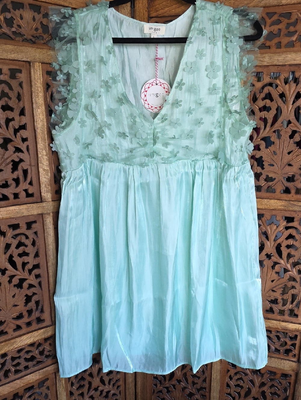 Omgee Mint Green Floral Appliqué Mini Dress NWT Sizes S, M, L